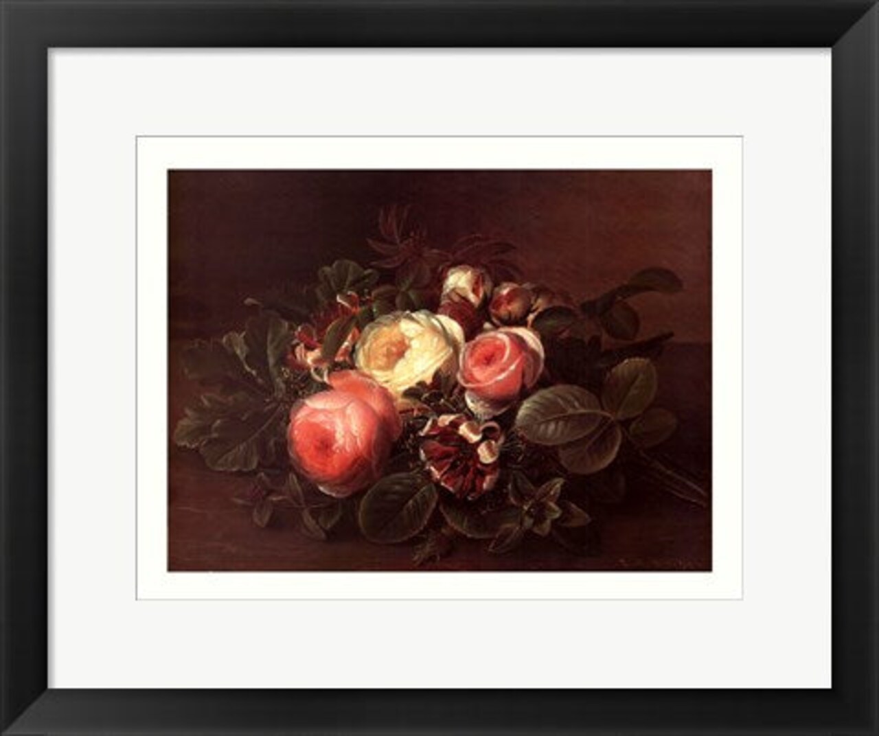 Framed Art Roses & Honeysuckle on a Ledge by Johan Laurentz Jensen 10 x 14